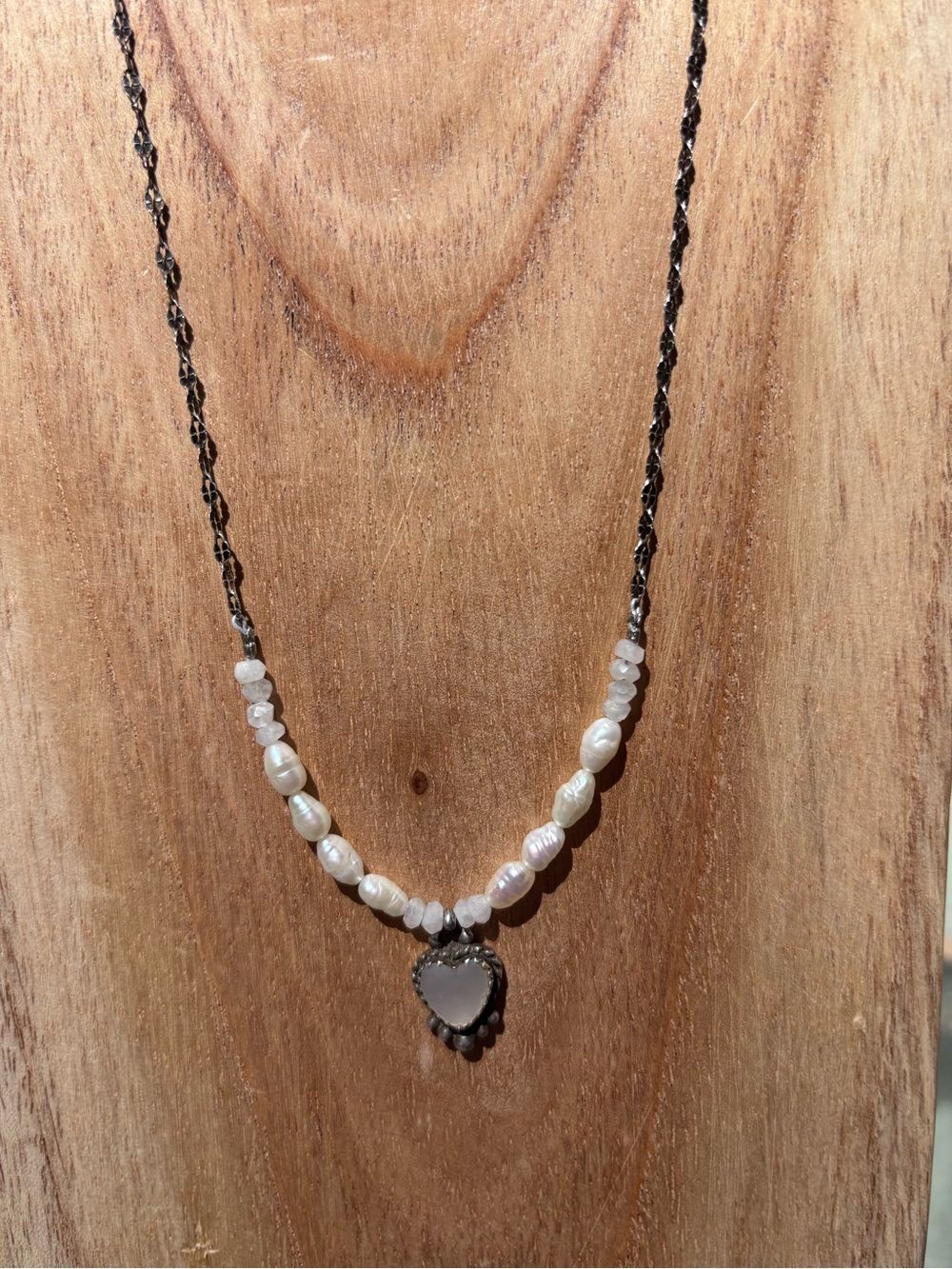 Handmade Mother of Pearl Heart, Pearl, and Moonstone Sterling Silver Necklace